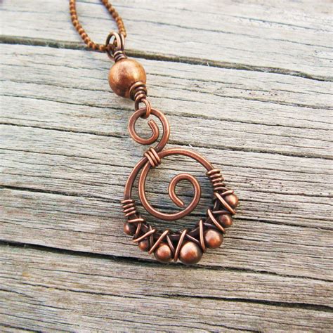Copper Wire Bead Wrapped Double Swirl Pendant Necklace Wire Wrapped