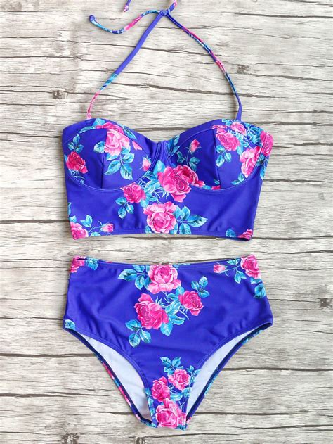 ¡cómpralo Ya Rose Print High Waist Bikini Set Blue Multicolor Bikinis Vintage Vacation Halter