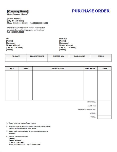 Purchase Order Form Template Word