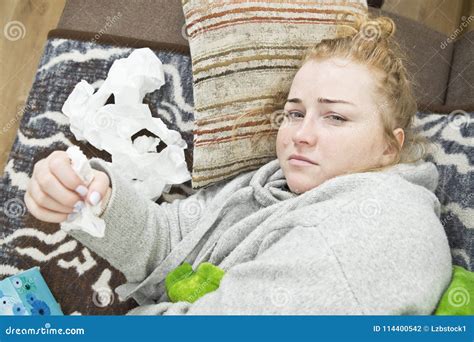 Sick And Tired Woman Lying On Bed Closeup Stock Photo Image Of