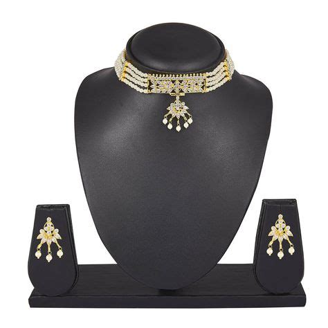 14K Gold Plated White Beaded Strand Moti Choker Necklace Set For Women