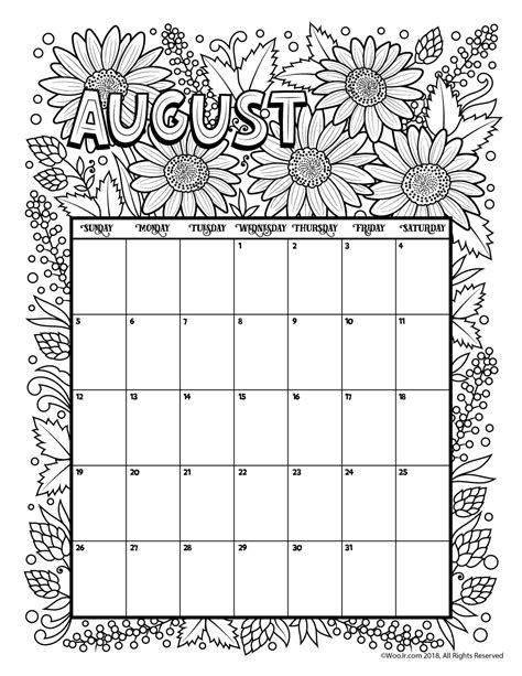 August 2018 Coloring Calendar Page Woo Jr Kids Activities