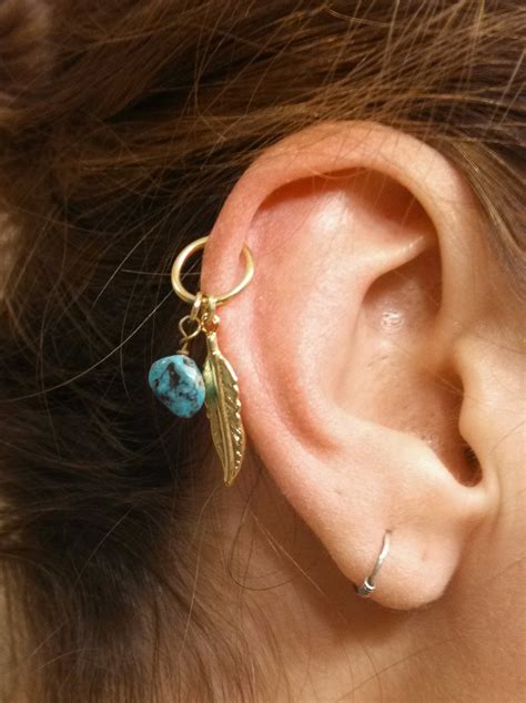 Turquoise Gold Cartilage Hoop Feather Earring Boho Tragus Helix