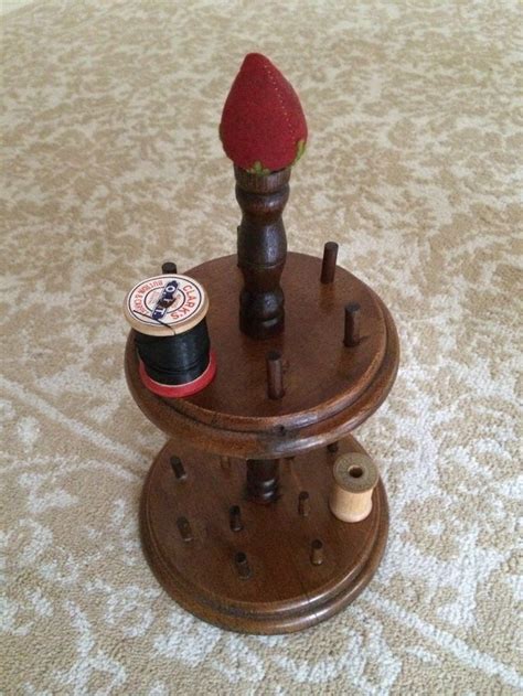 Great 11 Vintage Wood Wooden Thread Spool Holder Strawberry Pin