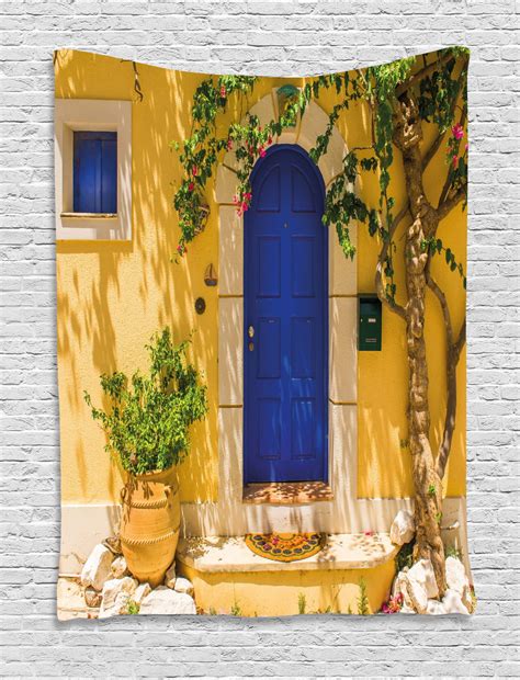 Yellow And Blue Tapestry Traditional Greek House Door With Flowers And