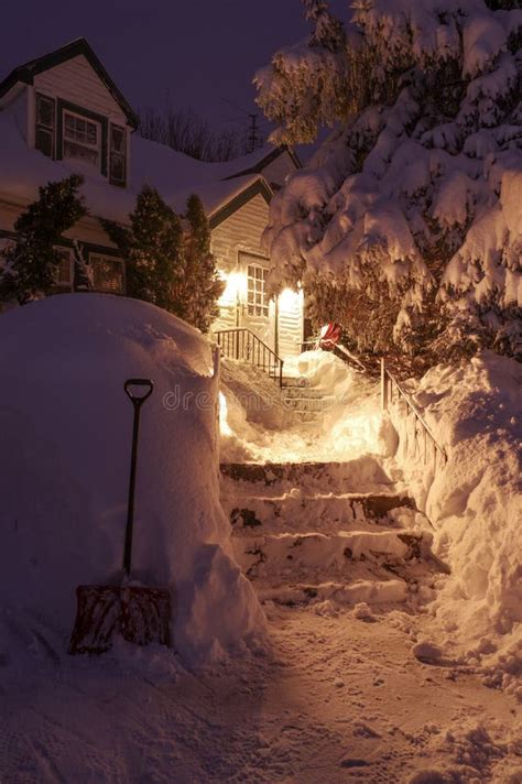 Snow Covered Walkway Stock Image Image Of Night Snow 66423111