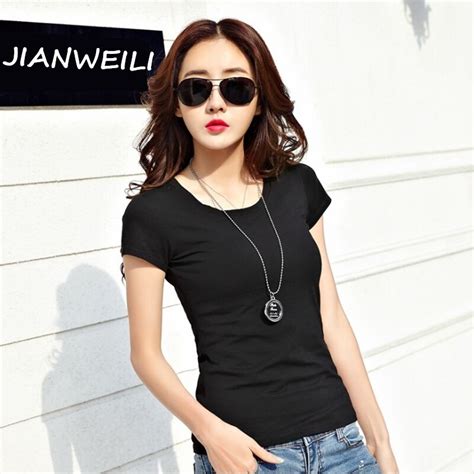Jianweili Summer T Shirt Women Pure Color Loose Casual Fashion Harajuku T Shirt Short Sleeves