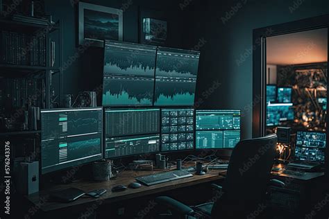 Dark Room With Many Screens As A Trading Setup With Charts On The