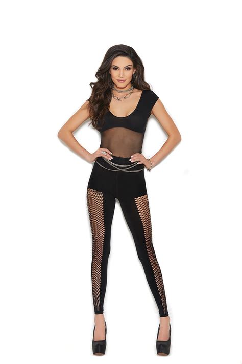 Womens Sheer And Opaque Footless Bodystocking With Fence Net Detail
