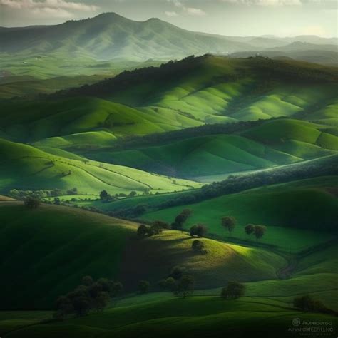 Premium Ai Image A View Of A Green Valley With Hills And Trees In The
