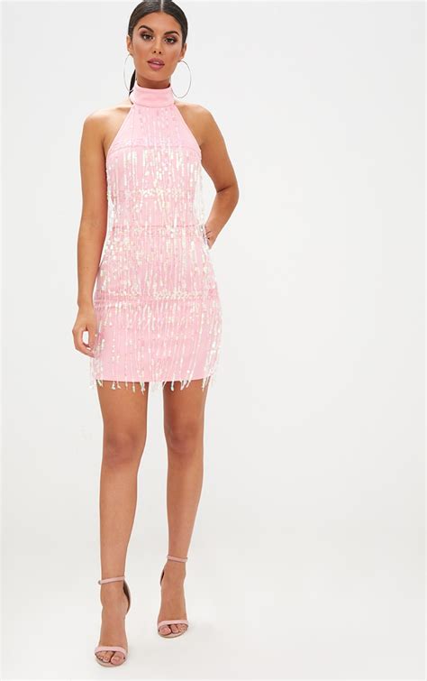 pale pink tassel sequin bodycon dress dresses prettylittlething usa