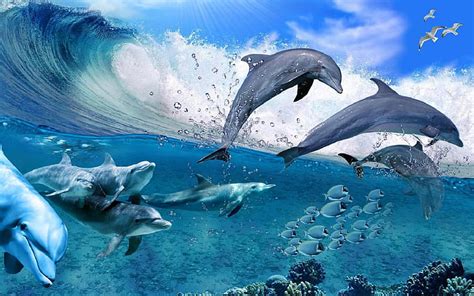 Hd Wallpaper Happy Dolphins Game Sea Fish Coral Waves Summer