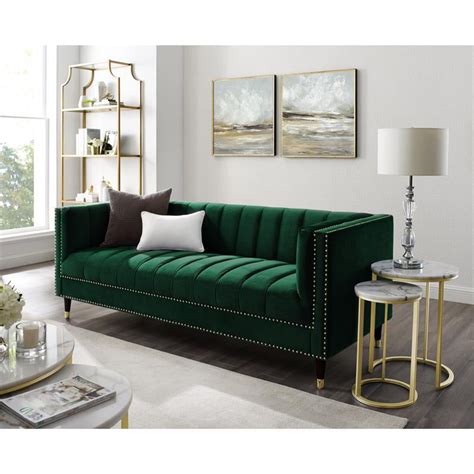 Posh Living Soraya Tufted Velvet Sofa With Nailhead Trim In Hunter Greengold