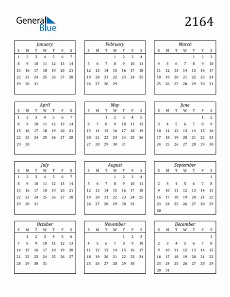 2164 Blank Yearly Calendar Printable
