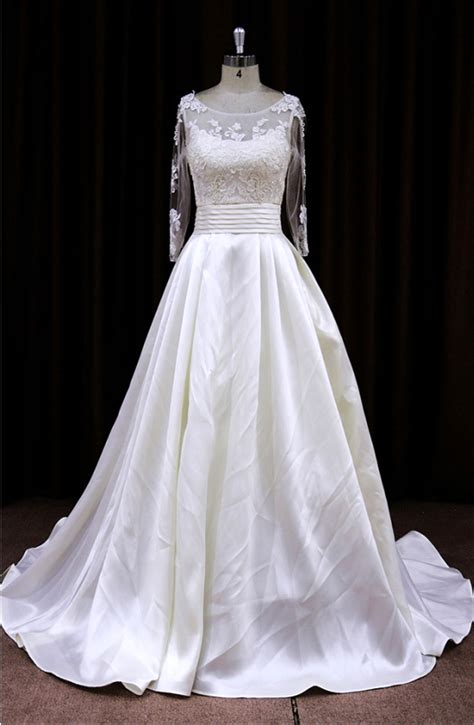 Taffeta A Line Wedding Dress With Lace Bodice And Sheer Long Sleeves On