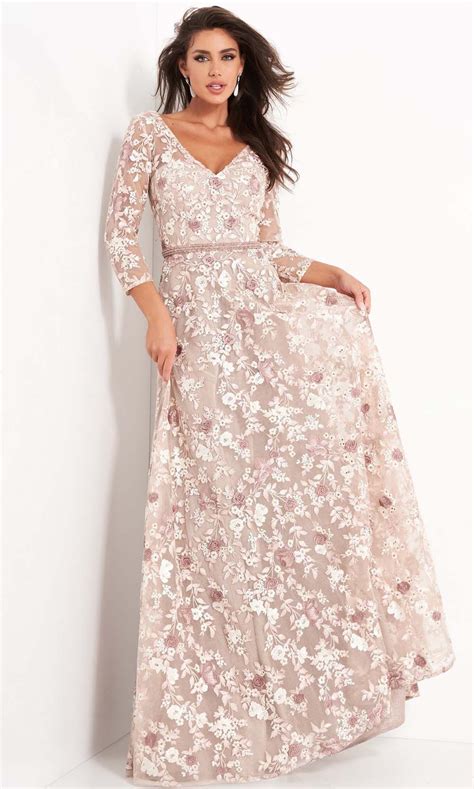 Jovani 04451 Quarter Sleeve Floral Embroidered A Line Gown Mother Of The Bride Dresses Long