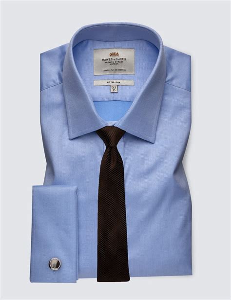 Easy Iron Pique Mens Fitted Slim Shirt With Double Cuff In Blue