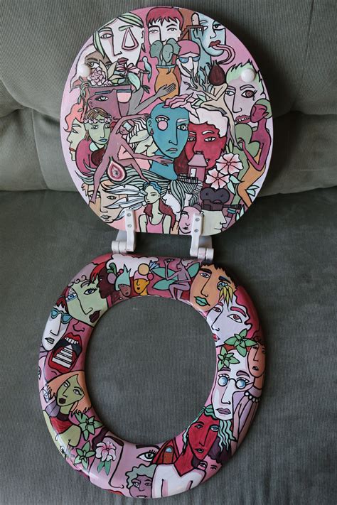 Hand Painted Toilet Seat Cover Lid Colorful With Beige Purple Pink