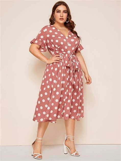 shein plus polka dot flounce sleeve belted dress plus size winter outfits plus size fall