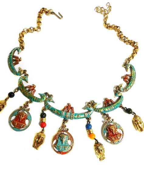 Spectacular Vintage Egyptian Revival Charm Necklace Egyptian Revival