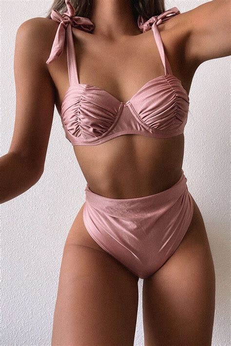 Rose Metallic Side Ruched High Waisted Bikini Bottom Em 2020 Biquini
