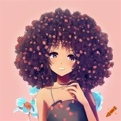 Cute Anime Girl With Afro And Floral Dress