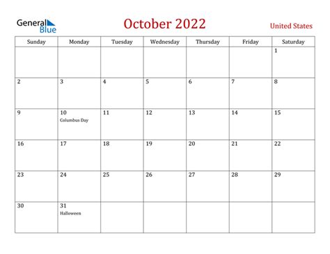 United States October 2022 Calendar With Holidays