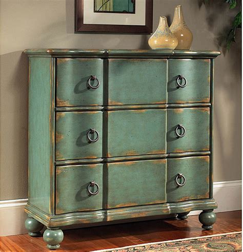 Hand Painted Distressed Bluegreen Accent Chest Contemporary Accent