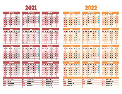 Printable 2021 And 2022 Calendar With Holidays 12 Templates