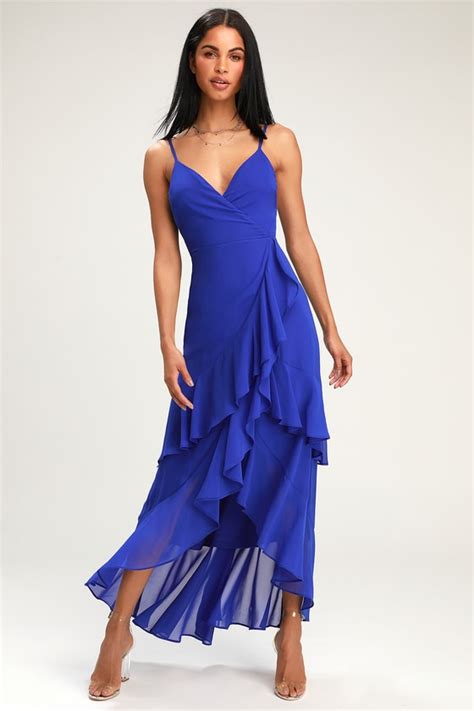 Lovely Cobalt Blue Dress Ruffled Maxi Dress High Low Dress