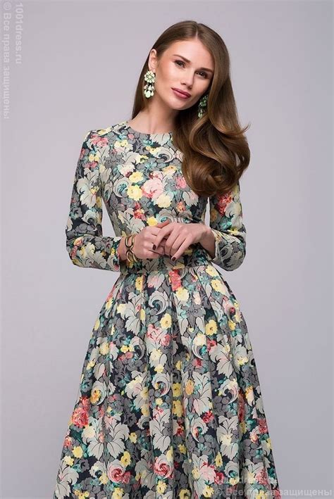 Dm00446bl Dress Midi Length With Floral Print And Long Sleeves Midi Length Dress Modest