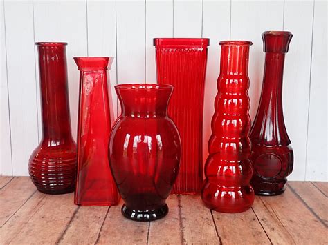 Vintage Red Glass Vase Set Of 6 All Different Pattern Wedding Vases