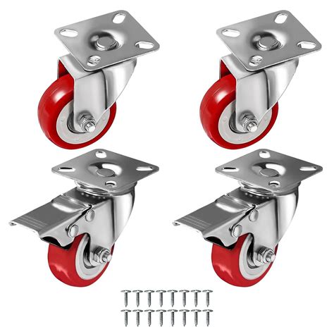 4 Pack Caster Wheels Swivel Plate Casters On Red Polyurethane Wheels W