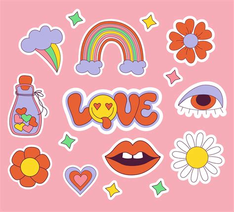 Set Of Love Stickers Retro Groovy Elements Cute Funky Hippy Cute