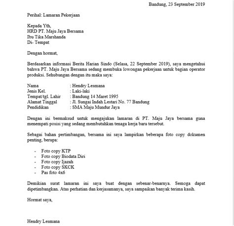 Contoh Surat Lamaran Kerja Sebagai Operator Sekolah Daily Blog Networks