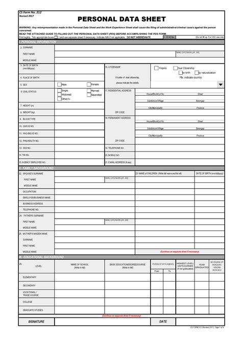 Pdf Csc Personal Data Sheet Pds 2017 Page1 Print Legibly Tick