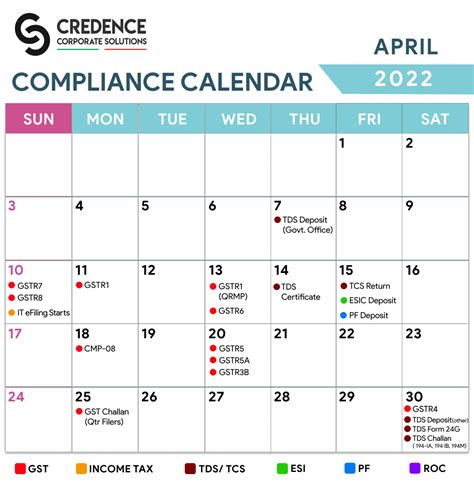 Compliance Calendar April Easy To Use Calendar App