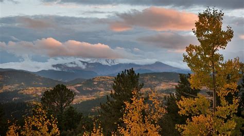 Wallpaper Autumn Mountains Sky Clouds Trees Aspens Pines Evening