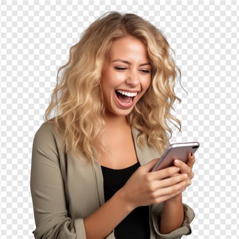 Premium Psd A Woman Looking Phone With Smile On Transparency Background Psd