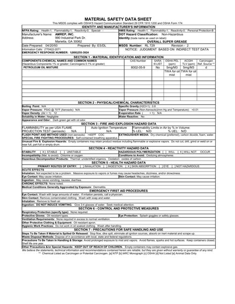 Osha Msds Printable Sheets