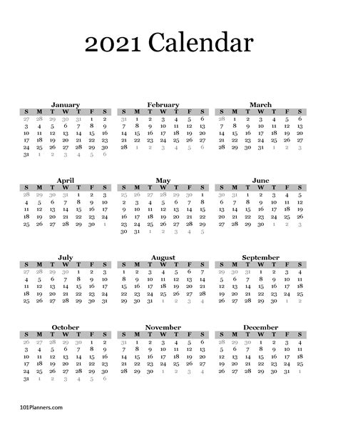 Free Printable 2021 Yearly Calendar At A Glance 101 Calendar Template