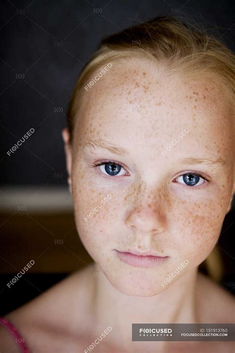 Close Up Portrait Of Girl With Freckles — Childhood Vertical Stock