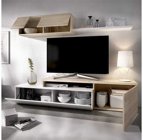 Mueble Salón Para Tv Compacto Modelo Valleta Blanco Brillo Y Natural