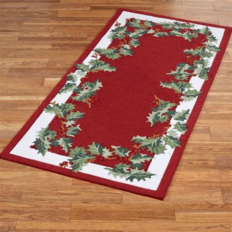 Holly Border Hooked Christmas Area Rugs