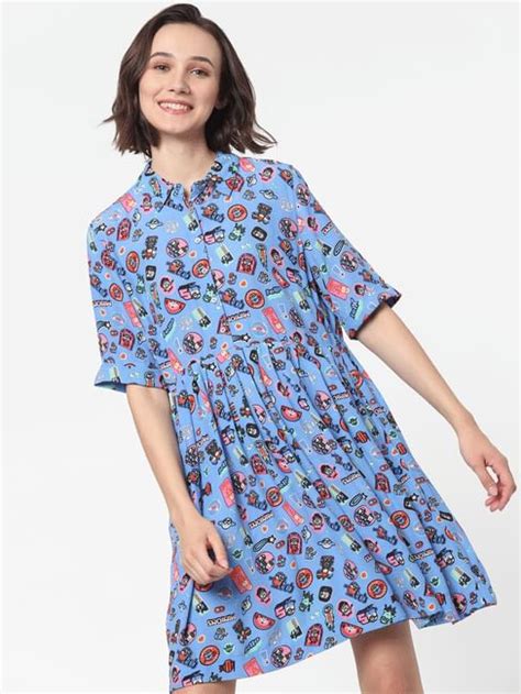 Buy Onlyxminions Blue Graphic Print Fit And Flare Dress For Women Only
