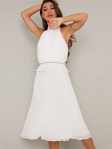 Halter Style Pleated Frill Detail Midi Dress In White Chi Chi London