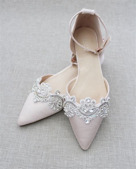 dusty pink satin pointy toe flats with rhinestones applique embellishments pink wedding shoes