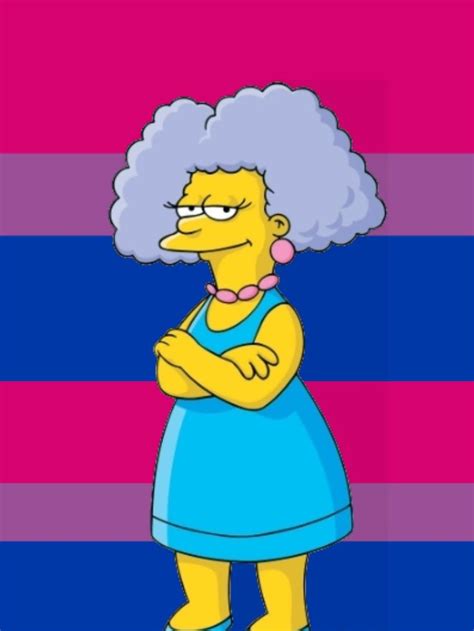 The Simpsons Character Is Standing In Front Of A Pink And Blue Striped Background With Her Arms