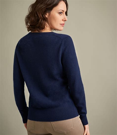 Navy Womens Luxurious Pure Cashmere V Neck Jumper Woolovers Au