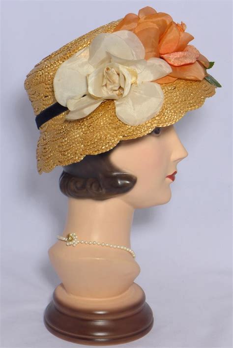 vintage 1950s straw hat with large silk organdy roses from myvintageclothesline on ruby lane